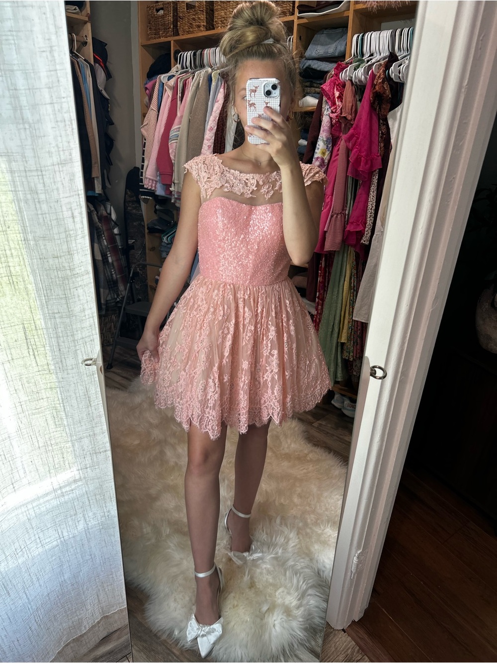 Sherri Hill pink beaded lace cocktail hoco dress